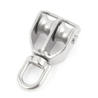 Harfington 15mm Dia Stainless Steel Double Sheave Hoist Wire Rope Pulley Wheel Block 0.035 Ton
