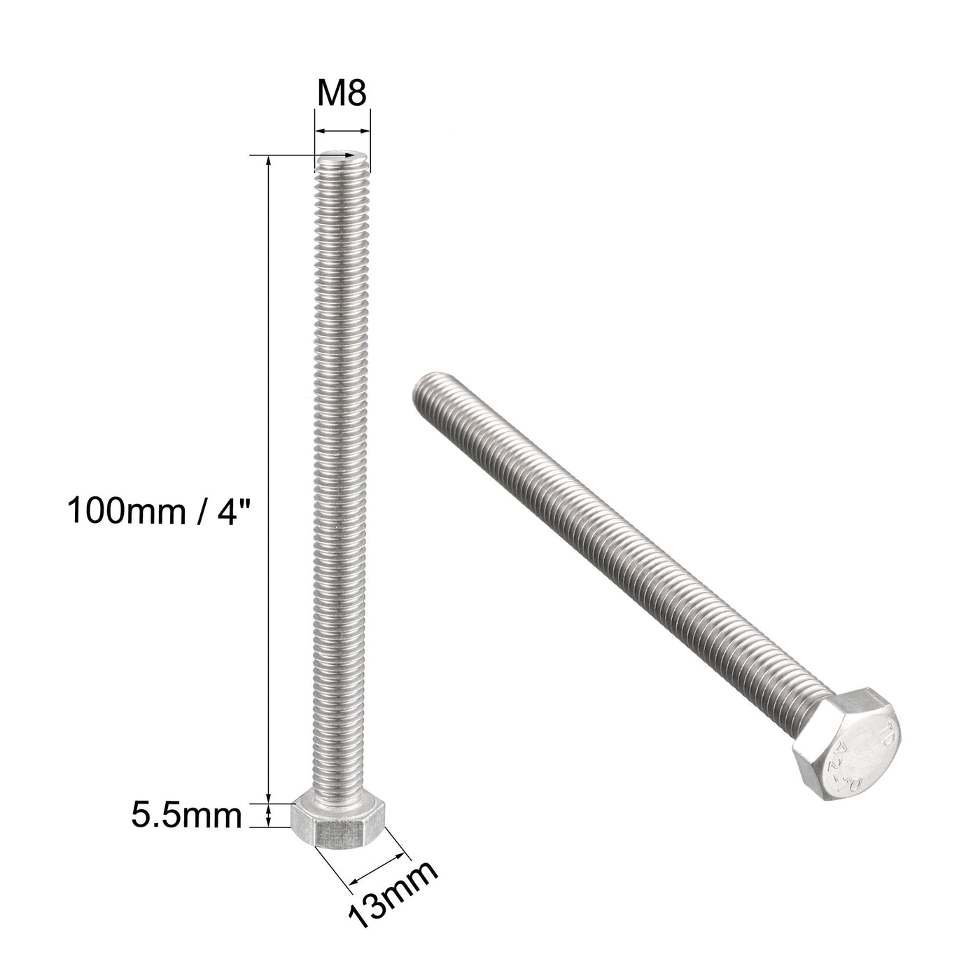 Harfington M8 x 100mm Metric A2 Stainless Steel Fully Threaded Hex Hexagon Head Screw Bolt 5 Pcs