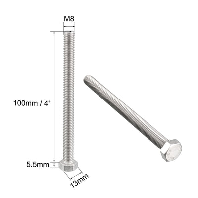 Harfington M8 x 100mm Metric A2 Stainless Steel Fully Threaded Hex Hexagon Head Screw Bolt 5 Pcs