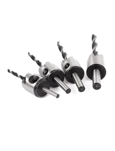 Harfington 4pcs 3/4/5/6mm Woodworking HSS Round Shank 3 Points Countersink Drill Bit Set