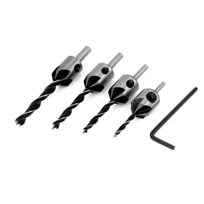 Harfington 4pcs 3/4/5/6mm Woodworking HSS Round Shank 3 Points Countersink Drill Bit Set