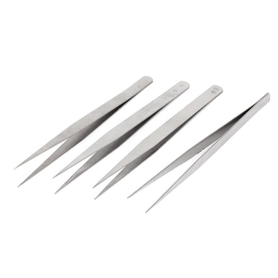 Harfington Silver Tone Stainless Steel Pointed Tip Tweezers Hand Tool 5.3" Length 4Pcs