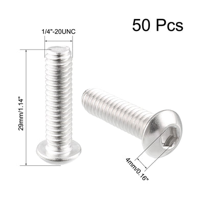 Harfington 50pcs 1/4"-20UNC x1" Stainless Steel Hex Socket Button Head Bolts Screws