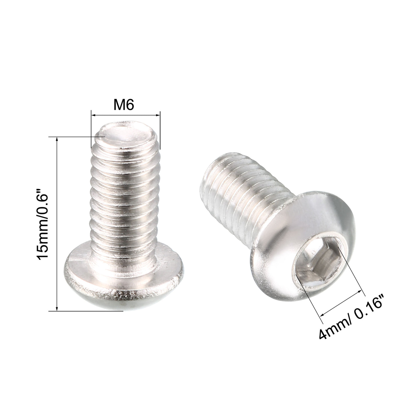 Harfington 20 Pcs M6 x 12mm Thread Stainless Steel Hex Socket Button Head Screws Bolts 15mm Long