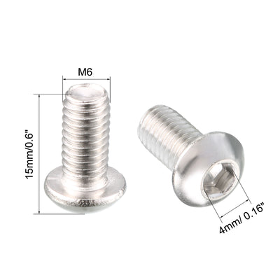 Harfington 20 Pcs M6 x 12mm Thread Stainless Steel Hex Socket Button Head Screws Bolts 15mm Long