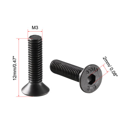 Harfington M3x12mm 10.9 Carbon Steel Countersunk Head Hex Socket Screw Black 50pcs