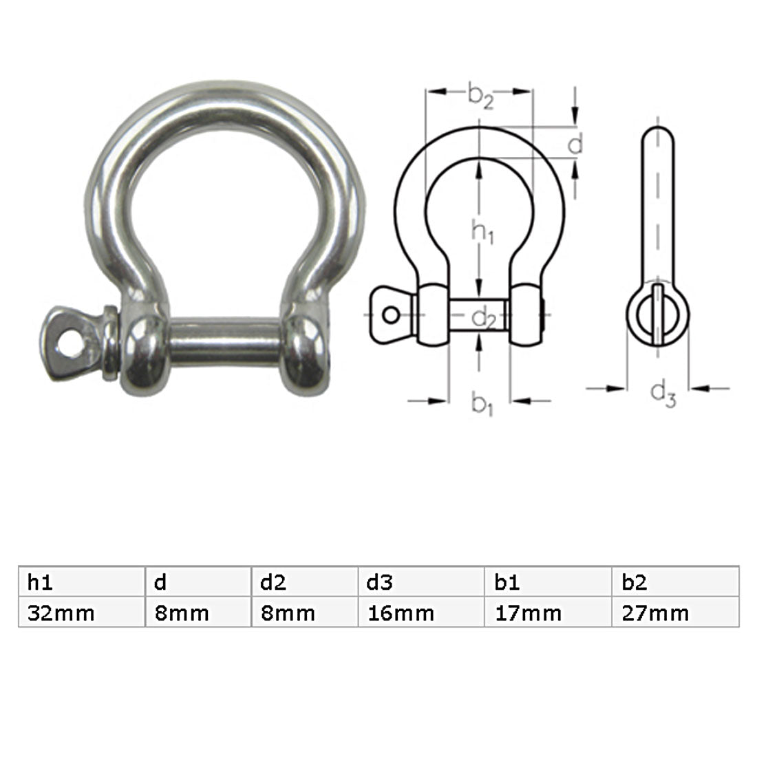 Harfington Stainless Steel Wire Rope Bow D Design Shackle Silver Tone 8mm Thread