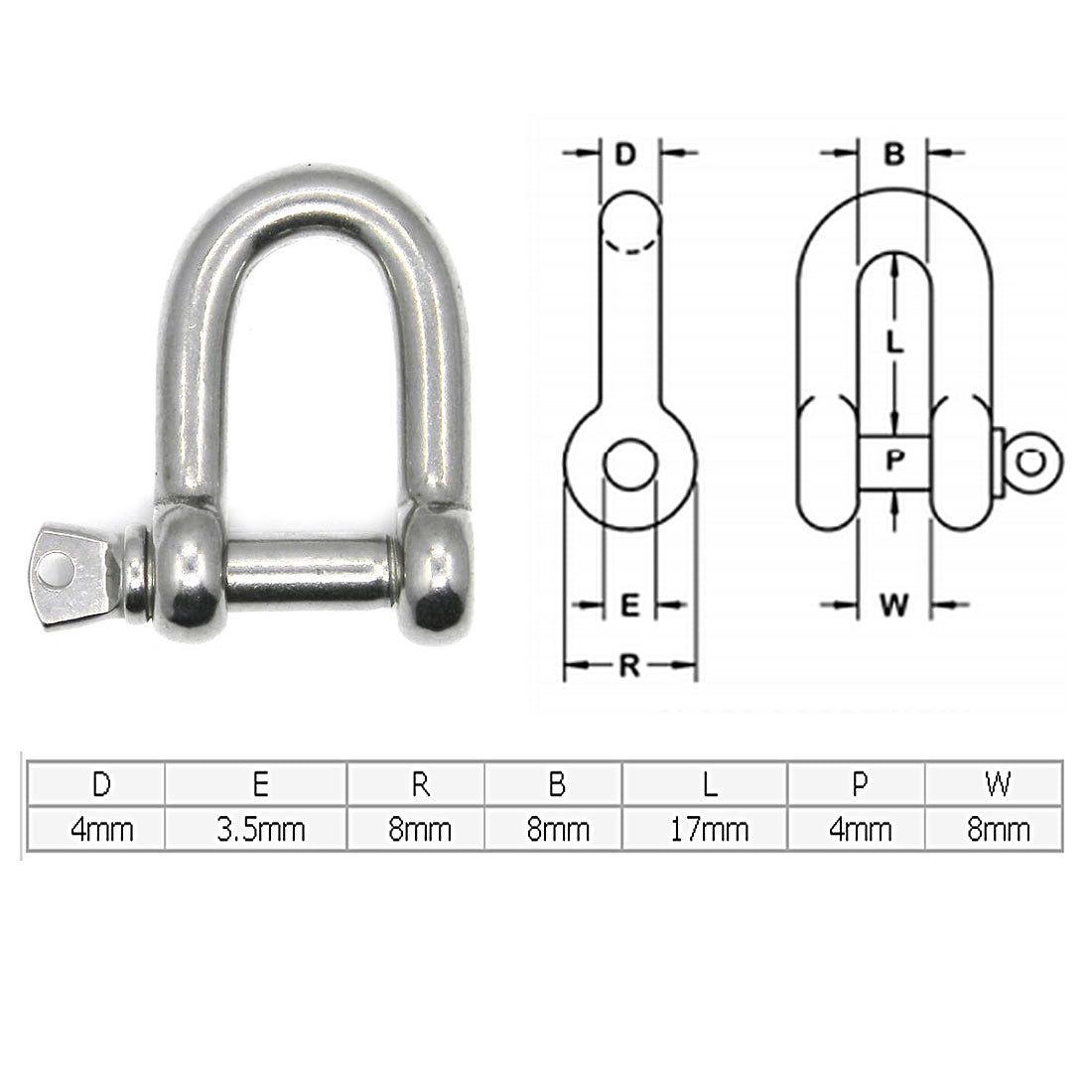 Harfington Stainless Steel Wire Rope Fastener Bow D Shackles Silver Tone 4PCS