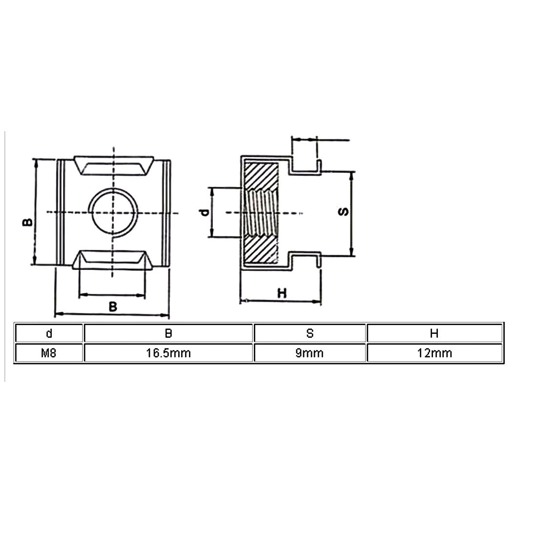 Harfington M8 x 1.25mm Pitch 304 Stainless Steel Square Cage Nuts Siliver Tone 10pcs
