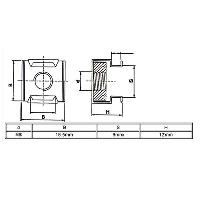 Harfington M8 x 1.25mm Pitch 304 Stainless Steel Square Cage Nuts Siliver Tone 10pcs