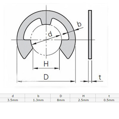 Harfington 3.5mm x 8mm 304 Stainless Steel Snap Ring Circlips Fixings E-Clips 100 Pcs