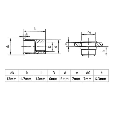 Harfington M6  Aluminum Flat Head Rivet Nut Insert  Silver Tone 20pcs