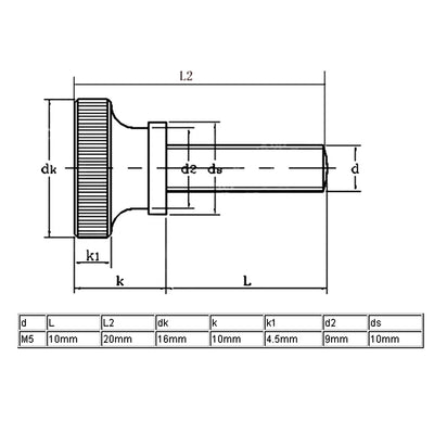 Harfington 5 Pcs M5x10mm Carbon Steel Step Hand Screw Flat Knurled Head Thumb Screws Bolts