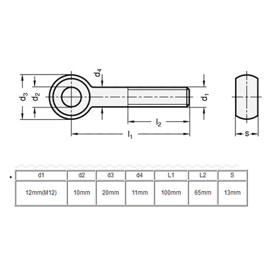 Harfington M12 x 100mm 10mm Eye Inner Dia 304 Stainless Steel Swing Bolt Silver Tone