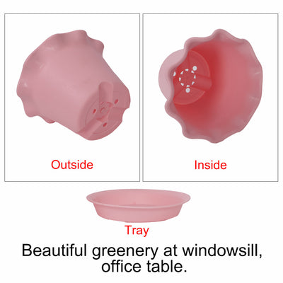 Harfington 19.5cm Dia Pink Plastic Plant Planter Flower Pot Home Office Garden Decor w Tray
