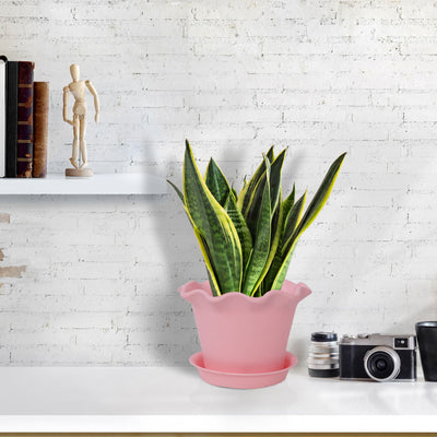 Harfington 19.5cm Dia Pink Plastic Plant Planter Flower Pot Home Office Garden Decor w Tray