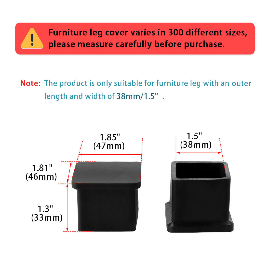 uxcell Uxcell 38mm x 38mm Square Shaped Furniture Table Desk Foot Leg Rubber End Cap Cover Black 4pcs