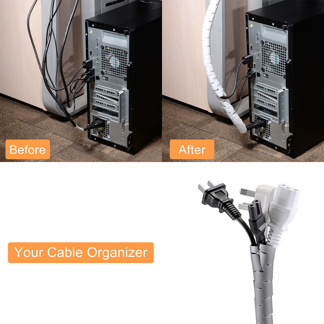 Harfington 15mm Flexible Spiral Tube Cable Wire Wrap Computer Manage Cord Gray 5M w Clip