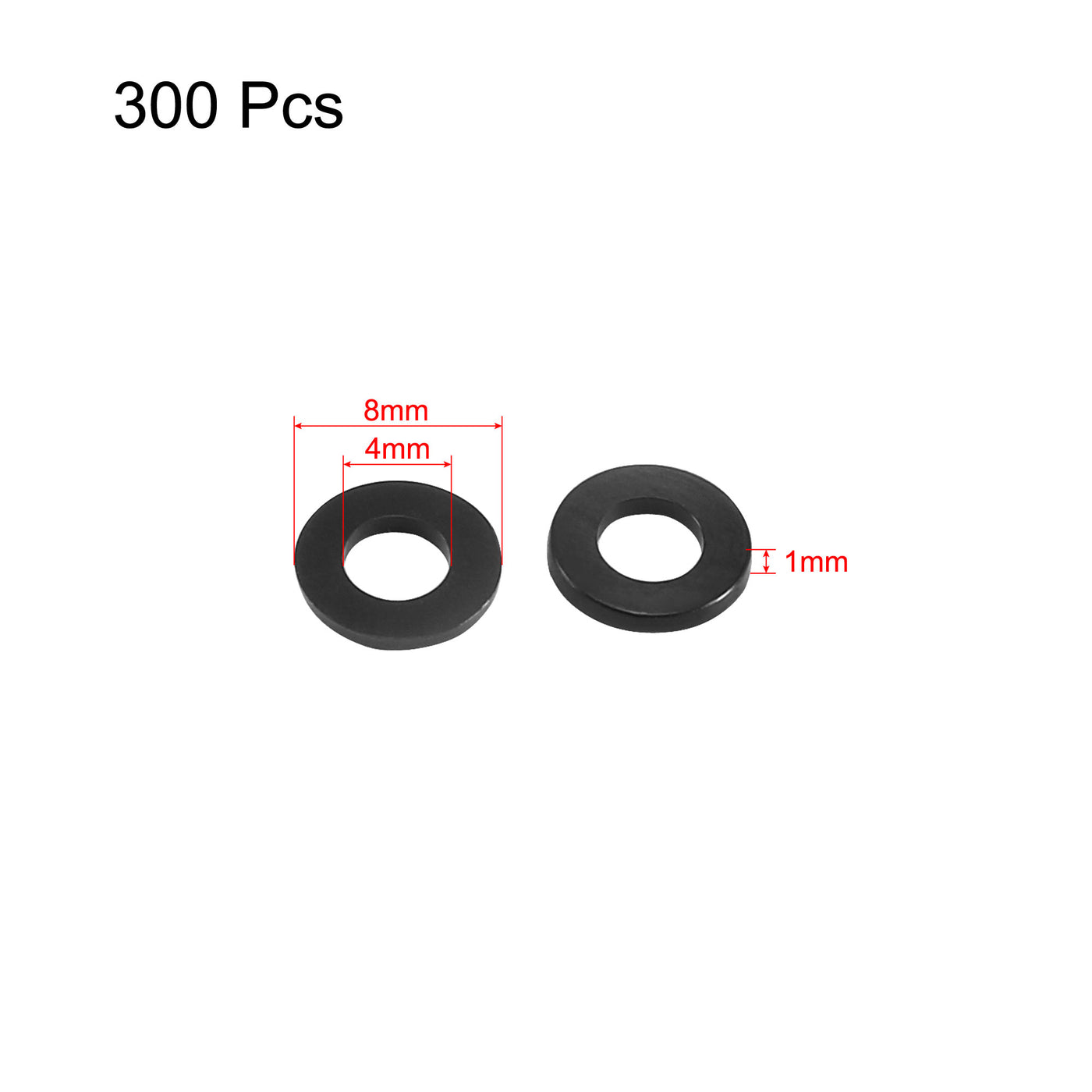 Harfington 4mm x 8mm x 1mm Nylon Flat Washers Spacers Gaskets Fastener Black 300PCS