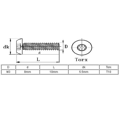 Harfington M3x8mm 304 Stainless Steel Button Head Torx Security Machine Screws 30pcs