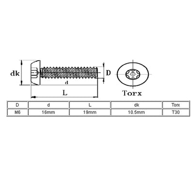 Harfington M6x16mm 304 Stainless Steel Button Head Torx Security Tamper Proof Screws 30pcs