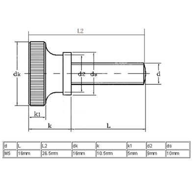 Harfington M5x16mm Flat Knurled Head Fully Threaded Thumb Screws Bolts Fastener 5pcs