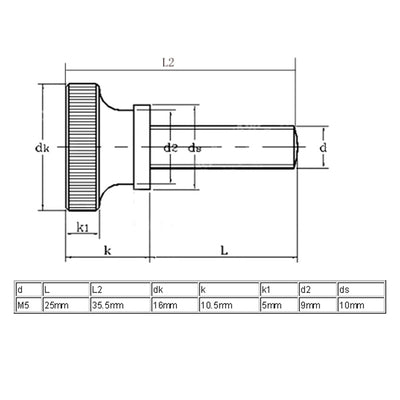 Harfington M5x25mm Flat Knurled Head Fully Threaded Thumb Screws Bolts Fastener 5pcs