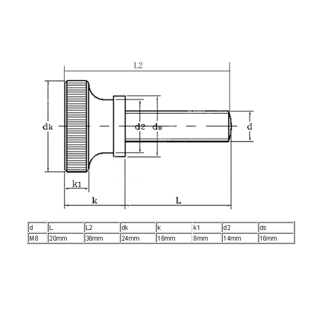 Harfington M8x20mm Flat Knurled Head Fully Threaded Thumb Screws Bolts Fastener 2pcs