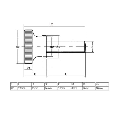 Harfington M8x20mm Flat Knurled Head Fully Threaded Thumb Screws Bolts Fastener 2pcs