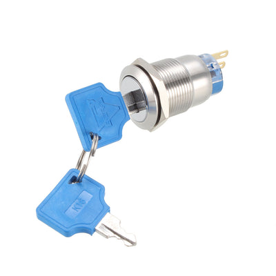 Harfington 19mm Thread Dia 1NO+1NC Flat Round Stainless Steel Waterproof Latching Metal Key Switch