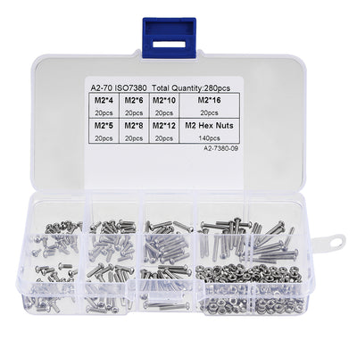 Harfington 280pcs M2 304 Stainless Steel Hex Socket Button Head Cap Bolts Screws Nuts Kit