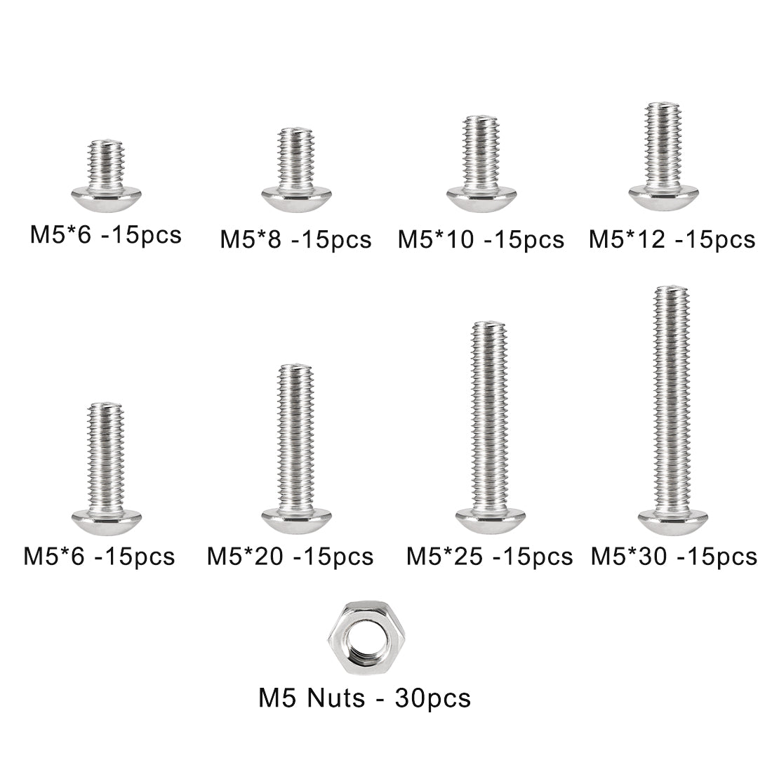 Harfington 150pcs M5 304 Stainless Steel Hex Socket Button Head Cap Bolts Screws Nuts Kit