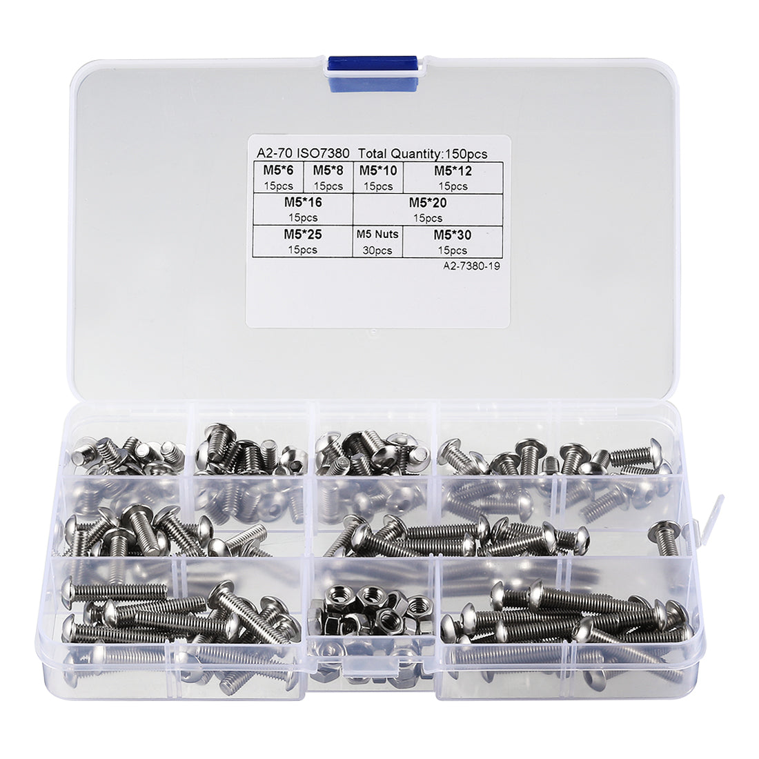 Harfington 150pcs M5 304 Stainless Steel Hex Socket Button Head Cap Bolts Screws Nuts Kit