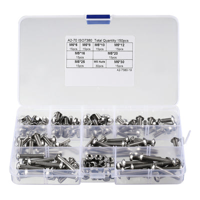 Harfington 150pcs M5 304 Stainless Steel Hex Socket Button Head Cap Bolts Screws Nuts Kit