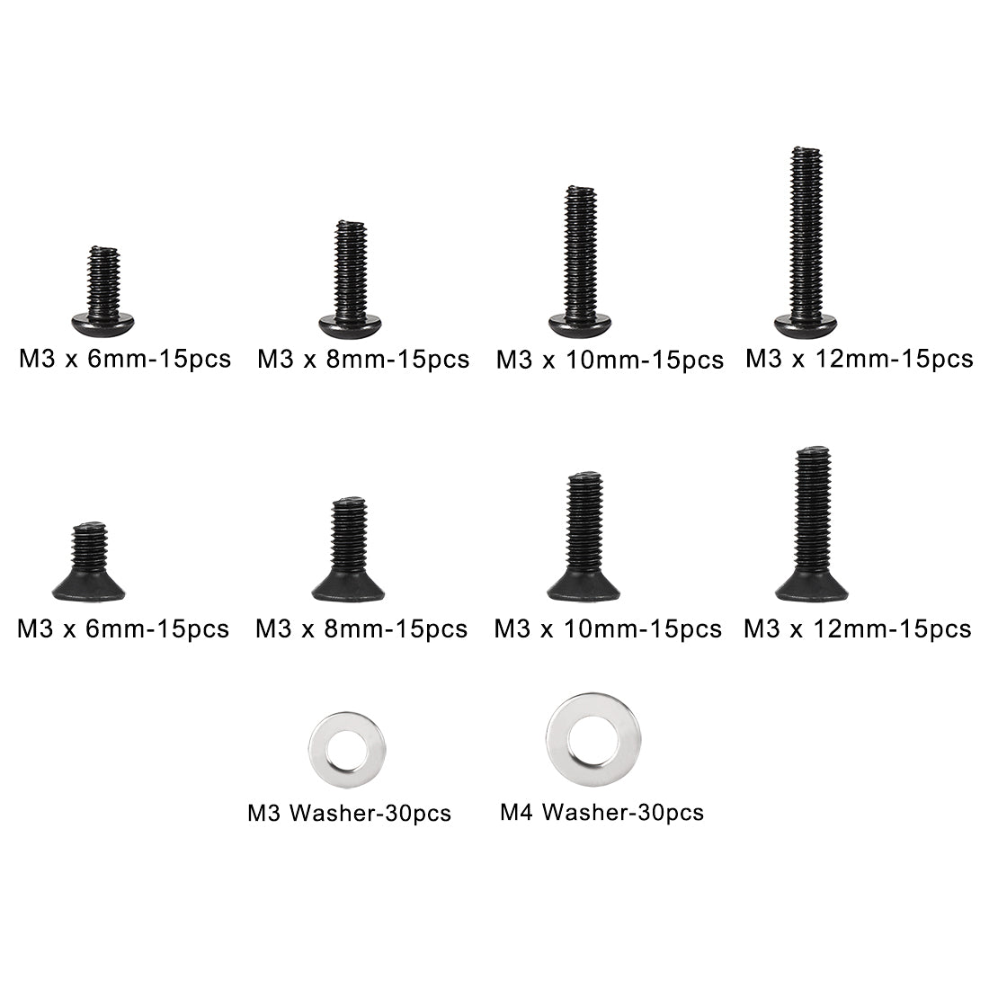 Harfington 180pcs Alloy Steel M3 Hex Socket Button Head Flat Heat Screw M3 M4 Washer Assortment