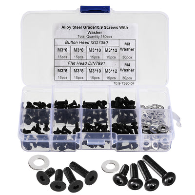 Harfington 180pcs Alloy Steel M3 Hex Socket Button Head Flat Heat Screw M3 M4 Washer Assortment