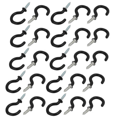 Harfington 1 Inch Plastic Coated Screw-in Open Cup Ceiling Hooks Hangers Black 25pcs