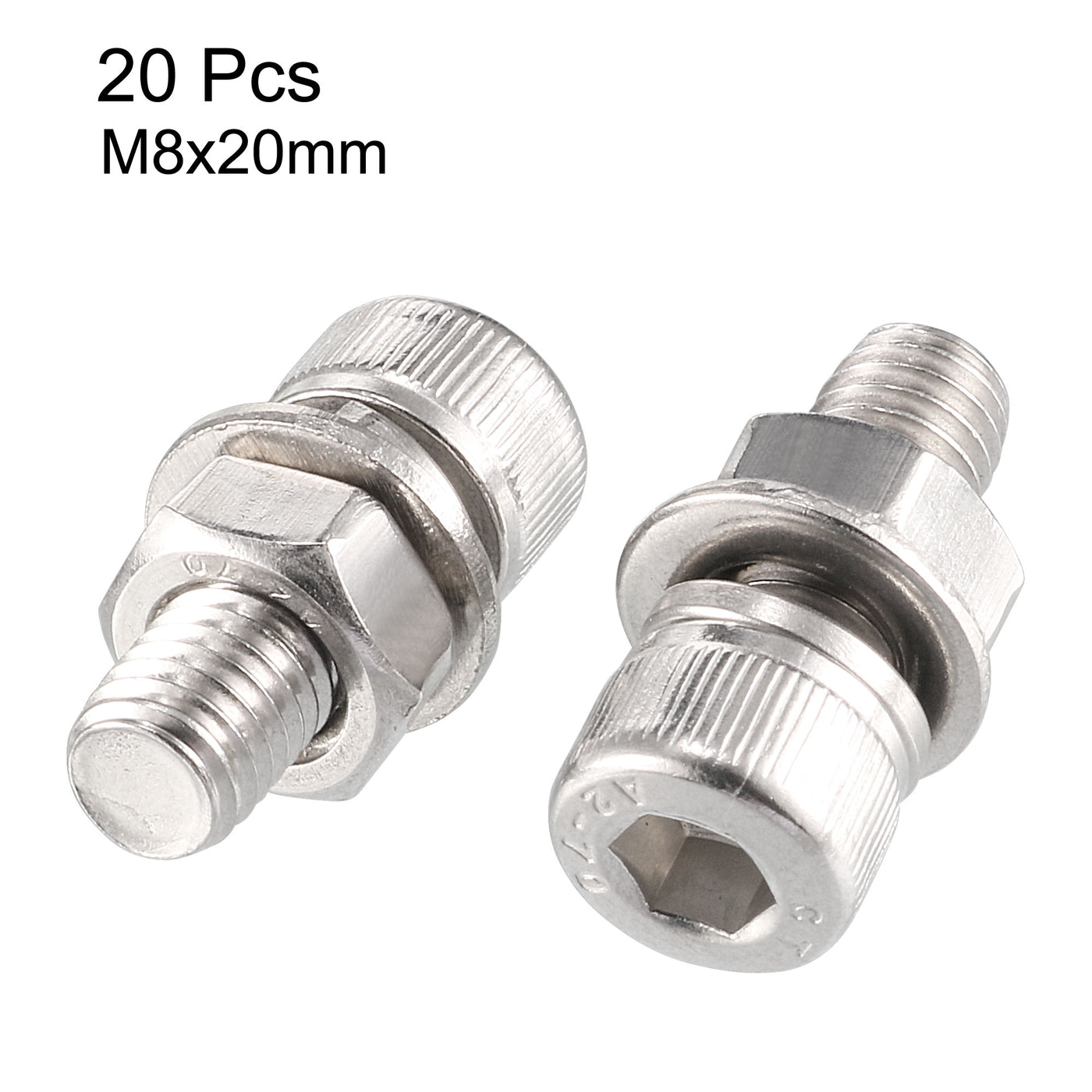Harfington 20Pcs M8x20mm 304 Stainless Steel Knurled Hex Socket Head Bolt Nut Set W Washer