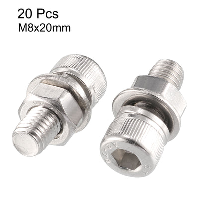 Harfington 20Pcs M8x20mm 304 Stainless Steel Knurled Hex Socket Head Bolt Nut Set W Washer