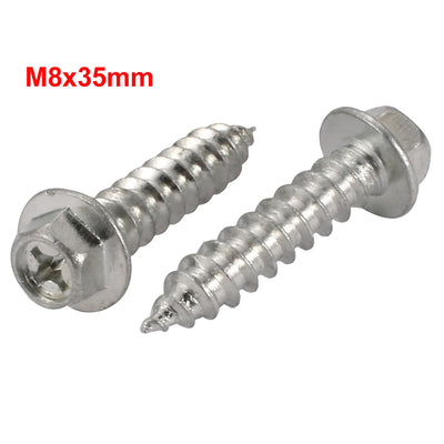 Harfington 2Pcs M8x35mm Zinc Plated phillips Drive Flange Hex Head Self-Tapping Screw