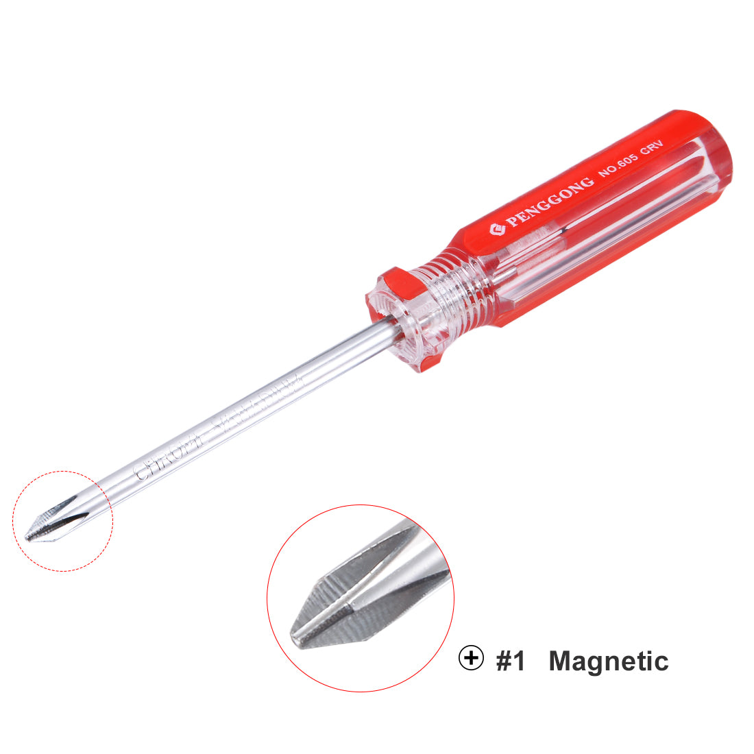 Harfington Magnetic  Phillips Screwdriver with Round Shaft Clear Red Handle