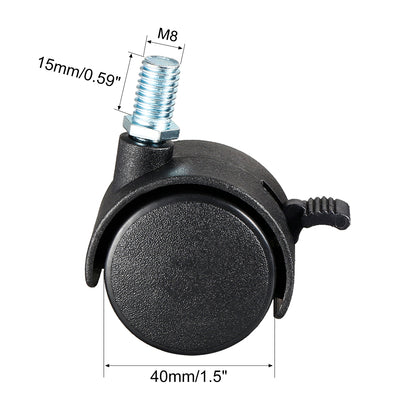 Harfington 4 Pcs 1.5 Inch Swivel Caster Wheels Nylon 360 Degree Threaded Stem Caster Wheel with Brake, M8 x 15mm, 33lb Capacity