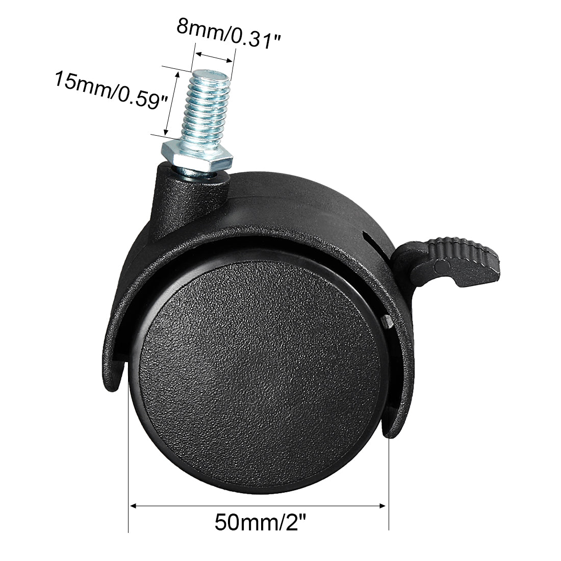 Harfington 2 Inch Swivel Caster Wheels Nylon 360 Degree Threaded Stem Caster Wheel with Brake, M8 x 15mm, 39lb Capacity