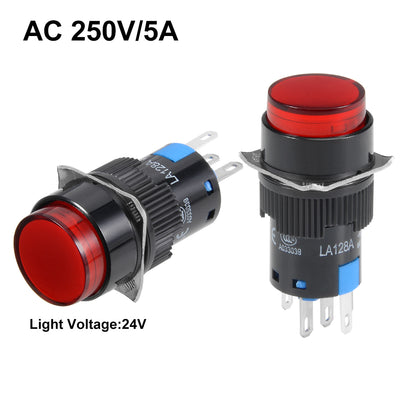 Harfington 16mm Latching Push Button Switch Red LED Light Round Button DPST 1 NO 1 NC Light 24V