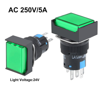 Harfington 16mm Momentary Push Button Switch Green LED Light Square Button 1 NO 1 NC Light 24V