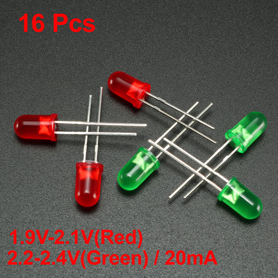 Harfington 16pcs 2 Colors x 8pcs 5mm Red Green LED Diode Lights Colored Lens Diffused Round 20mA Lighting Bulb Lamp Electronic Components Light Emitting Diodes