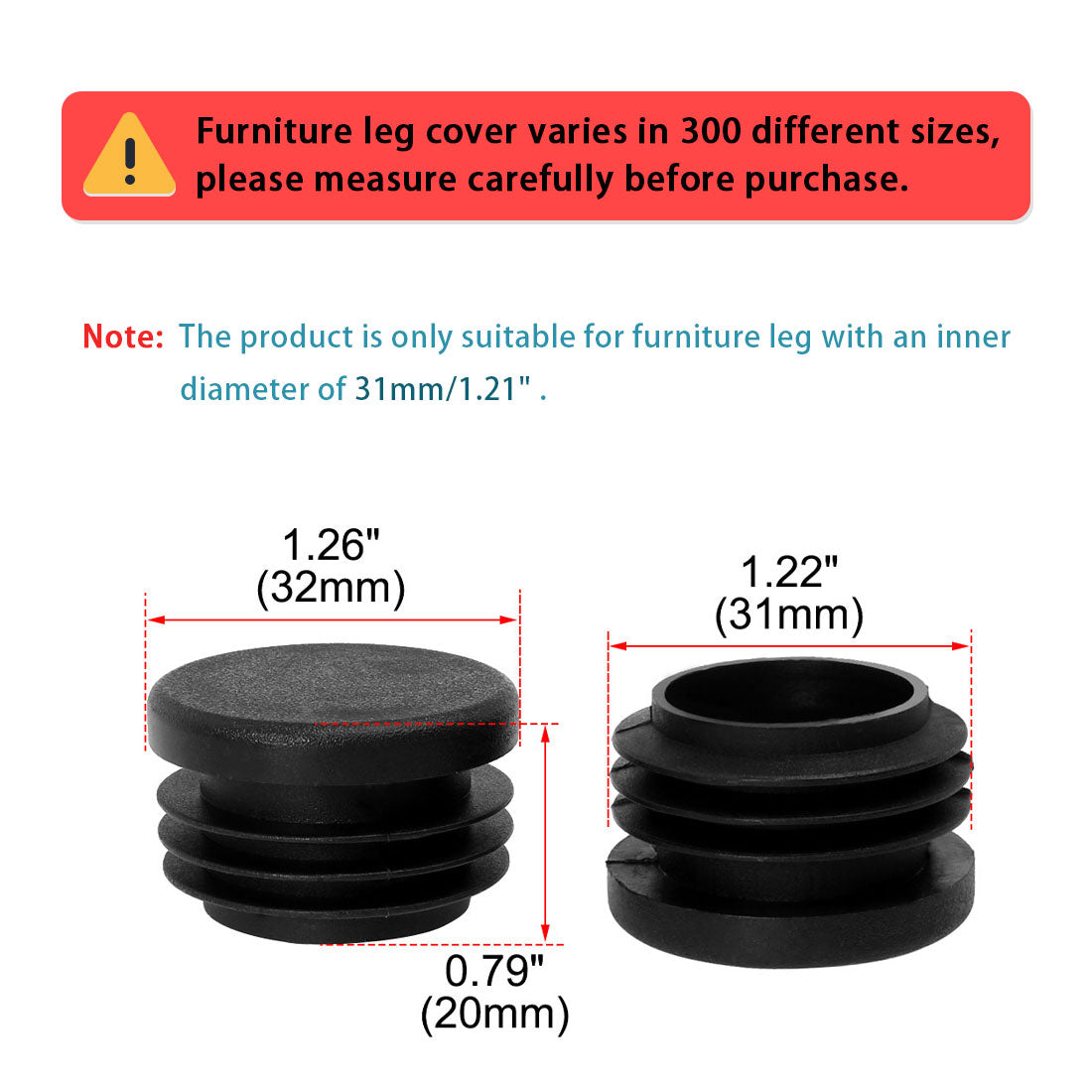 Harfington 1 1/4" 1,26" OD Kunststoffrohreinsätze Rohrkappen 25 Stück, 1,14"-1,22" Innendurchmesser, Blindabdeckung für Tischbeine für zu Hause