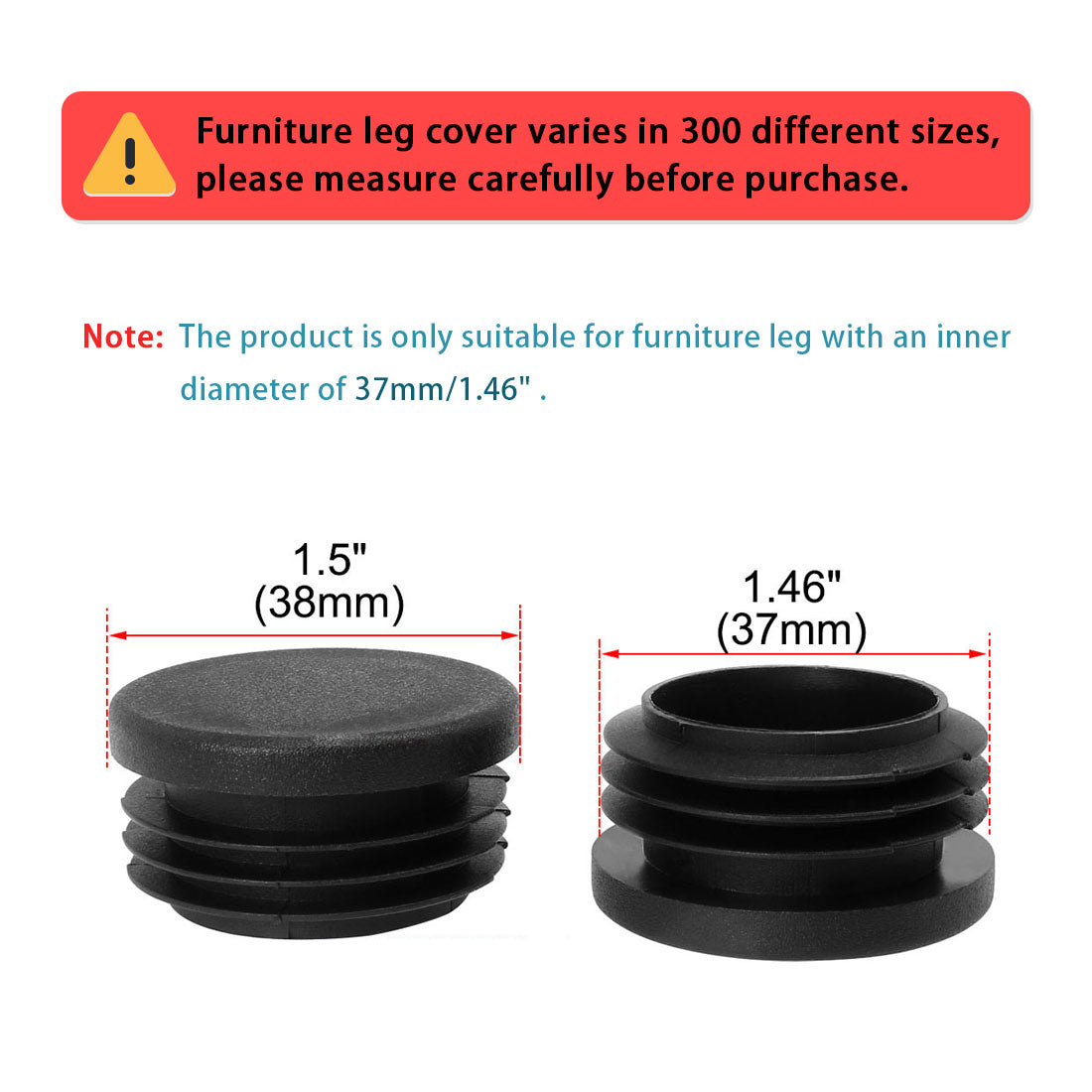 Harfington 1 1/2" 38mm OD Kunststoffrohreinsätze Rohrendabdeckungen 16 Stück, 1,38"-1,46" Innendurchmesser, für Fitnessgeräte mit runden Beinen