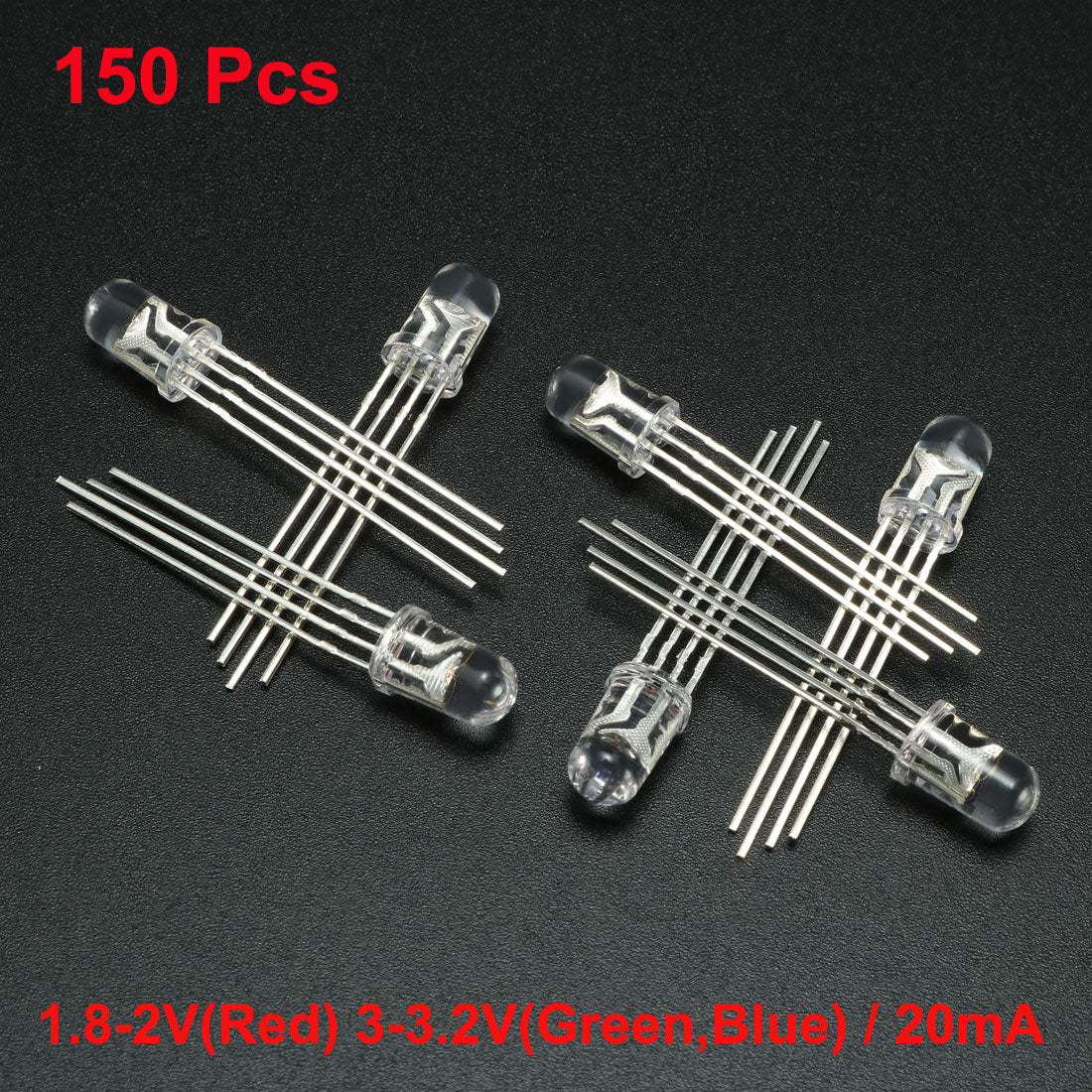 Harfington 150pcs 5mm Dia Red Blue Green 4 Pin LED Diode Lights Clear Round Transparent 20mA Lighting Bulb Lamps Electronic Component Light Emitting Diodes