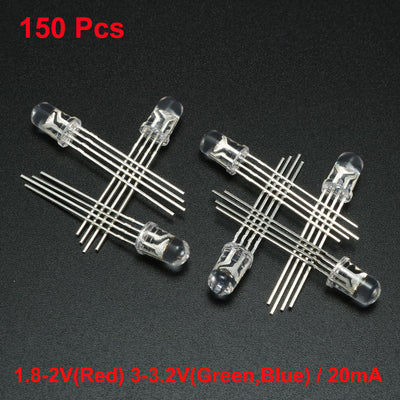 Harfington 150pcs 5mm Dia Red Blue Green 4 Pin LED Diode Lights Clear Round Transparent 20mA Lighting Bulb Lamps Electronic Component Light Emitting Diodes